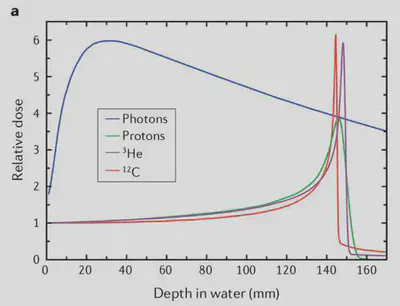 Depth-dose distributions showing the Bragg peak for different ions and the reduced straggling of heavier ions. The X-ray depth–dose curve is calculated for a high-energy 21-MeV linac. Energies of the ions correspond approximately to the same range (15 cm in tissue): 148 MeV${}^1$H beam, 170 MeV/n${}^3$He beam and 270 MeV/n${}^{12}\mathrm C$ beam ([Physics and biomedical challenges of cancer therapy with accelerated heavy ions](https://doi.org/10.1038/s42254-021-00368-5)).